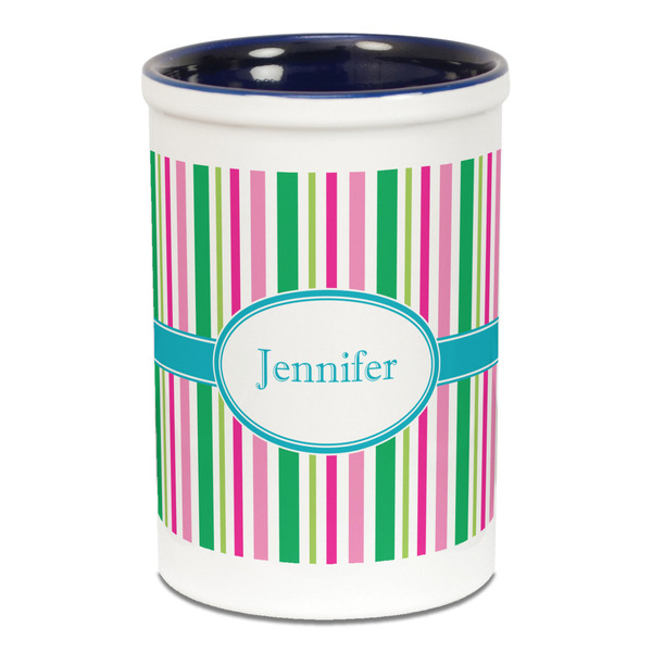 Custom Grosgrain Stripe Ceramic Pencil Holders - Blue