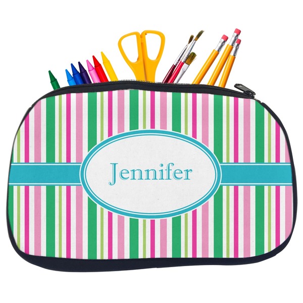 Custom Grosgrain Stripe Neoprene Pencil Case - Medium w/ Name or Text