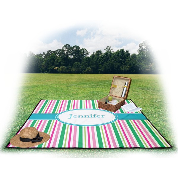 Grosgrain Stripe Picnic Blanket - with Basket Hat and Book - in Use