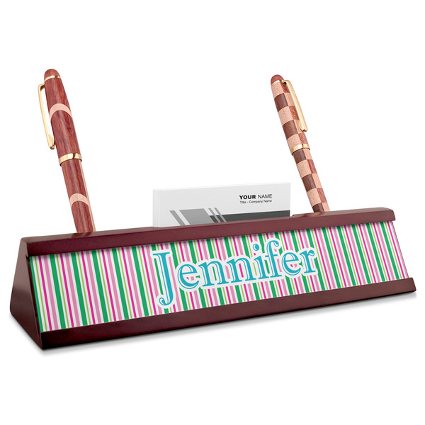 Custom Grosgrain Stripe Red Mahogany Nameplate with Business Card Holder (Personalized)