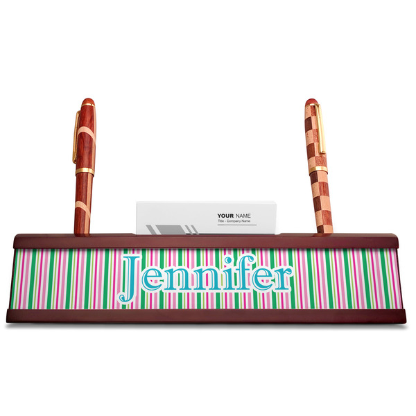 Grosgrain Stripe Red Mahogany Nameplates with Business Card Holder - Straight