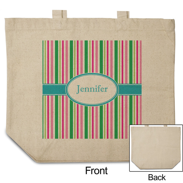 Grosgrain Stripe Reusable Cotton Grocery Bag - Front & Back View