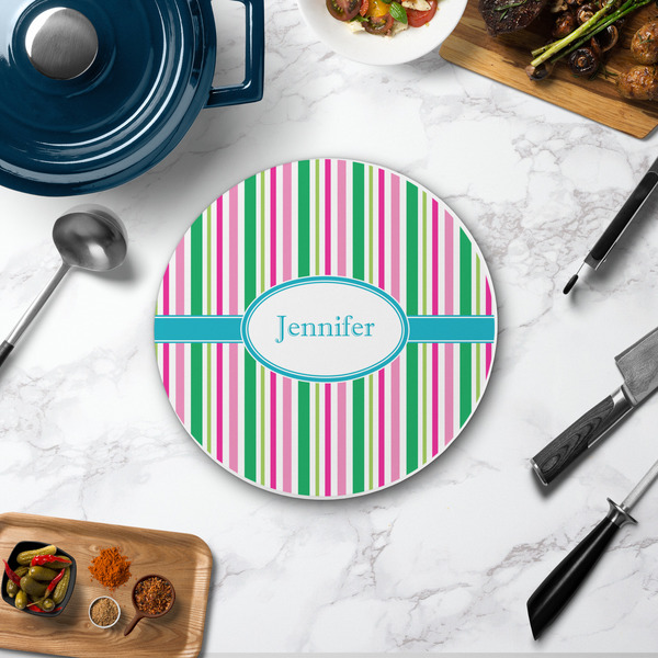 Grosgrain Stripe Round Stone Trivet - In Context View