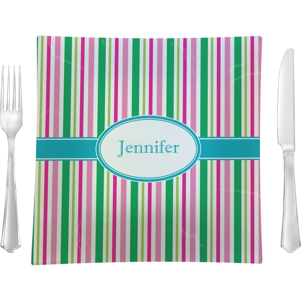 Custom Grosgrain Stripe 9.5" Glass Square Lunch / Dinner Plate- Single or Set of 4 (Personalized)