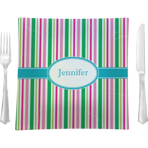 Custom Grosgrain Stripe Glass Square Lunch / Dinner Plate 9.5" (Personalized)
