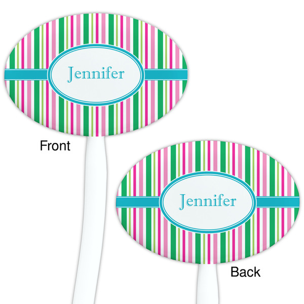 Grosgrain Stripe White Plastic 7" Stir Stick - Double Sided - Oval - Front & Back