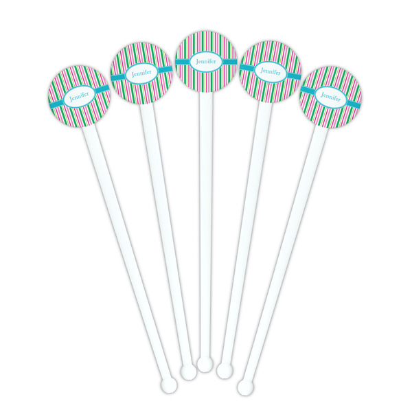 Grosgrain Stripe White Plastic 7" Stir Stick - Round - Fan View