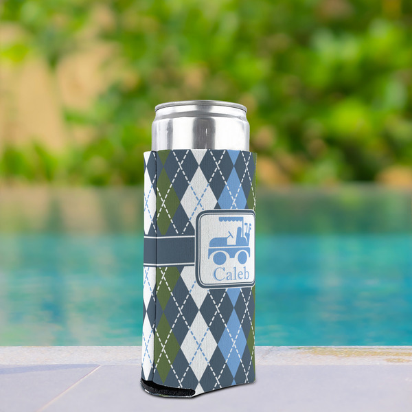 Blue Argyle Can Cooler - Tall 12oz - In Context