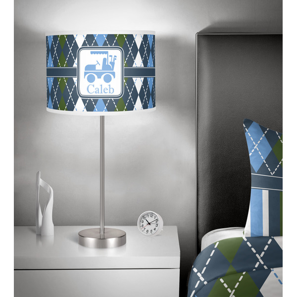 Blue Argyle 13 inch drum lamp shade - in room