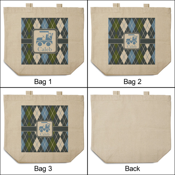 Blue Argyle 3 Reusable Cotton Grocery Bags - Front & Back View