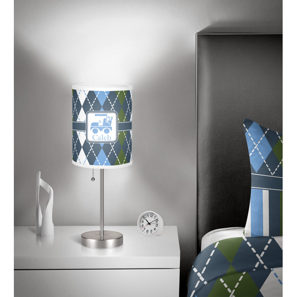 Blue Argyle 7 inch drum lamp shade - in room