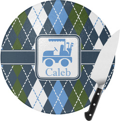 Blue Argyle Round Glass Cutting Board - Small (Personalized)