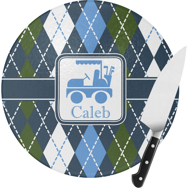 Custom Blue Argyle Round Glass Cutting Board - Small (Personalized)