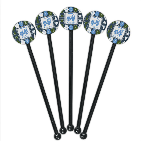 Blue Argyle Black Plastic 5.5" Stir Stick - Round - Fan View