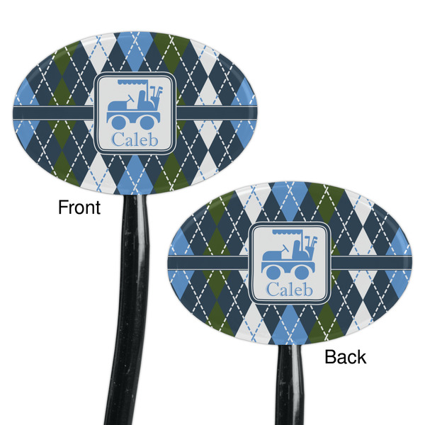 Blue Argyle Black Plastic 7" Stir Stick - Double Sided - Oval - Front & Back