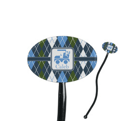 Blue Argyle 7" Oval Plastic Stir Sticks - Black - Single Sided (Personalized)