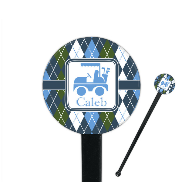 Custom Blue Argyle 7" Round Plastic Stir Sticks - Black - Single Sided (Personalized)