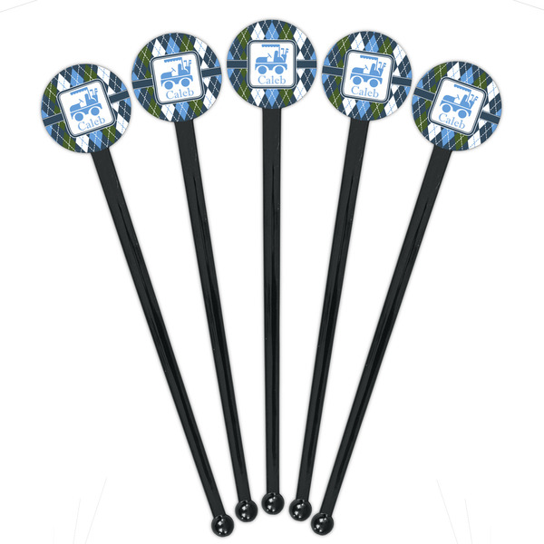 Blue Argyle Black Plastic 7" Stir Stick - Round - Fan View