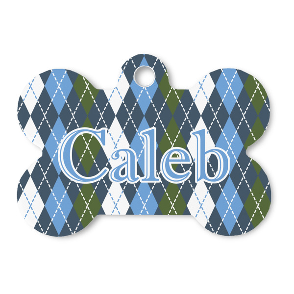 Custom Blue Argyle Bone Shaped Dog ID Tag (Personalized)