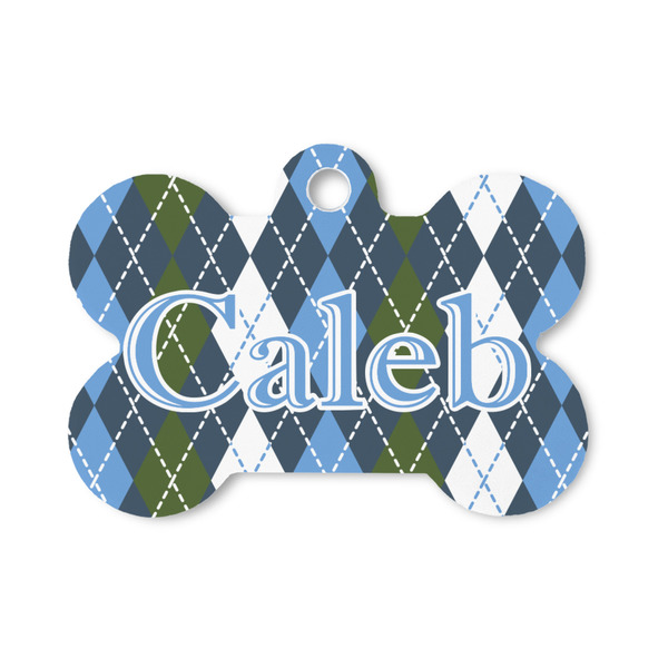 Custom Blue Argyle Bone Shaped Dog ID Tag - Small (Personalized)