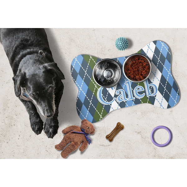 Blue Argyle Bone Shaped Mat w/ Food & Water