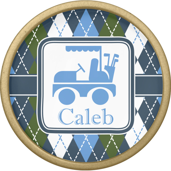 Blue Argyle Cabinet Knob - Gold - Front