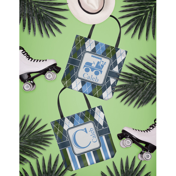 Blue Argyle Canvas Tote Lifestyle Front and Back