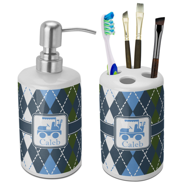 Custom Blue Argyle Ceramic Bathroom Accessories Set (Personalized)