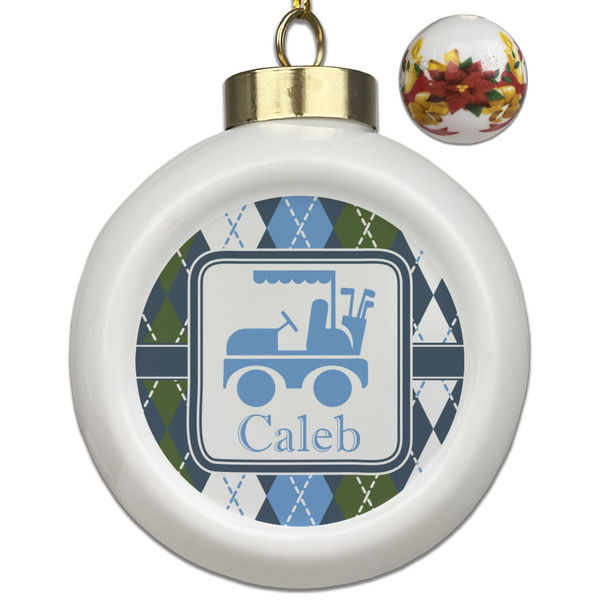 Custom Blue Argyle Ceramic Ball Ornaments - Poinsettia Garland (Personalized)