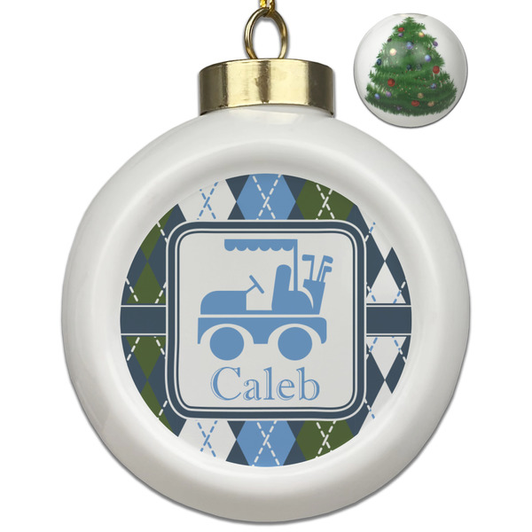 Custom Blue Argyle Ceramic Ball Ornament - Christmas Tree (Personalized)