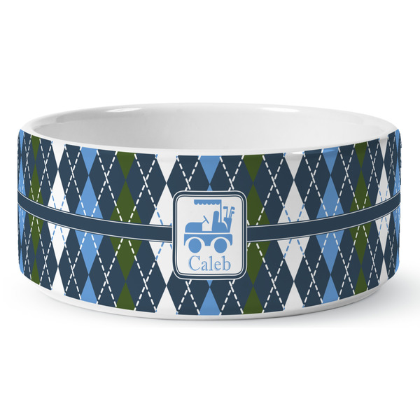 Blue Argyle Ceramic Dog Bowl - Medium - Front