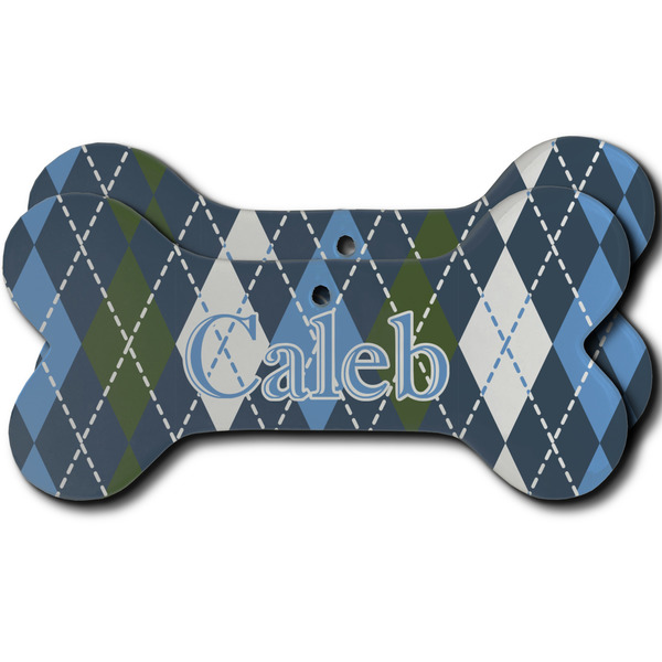 Custom Blue Argyle Ceramic Dog Ornament - Front & Back w/ Name or Text