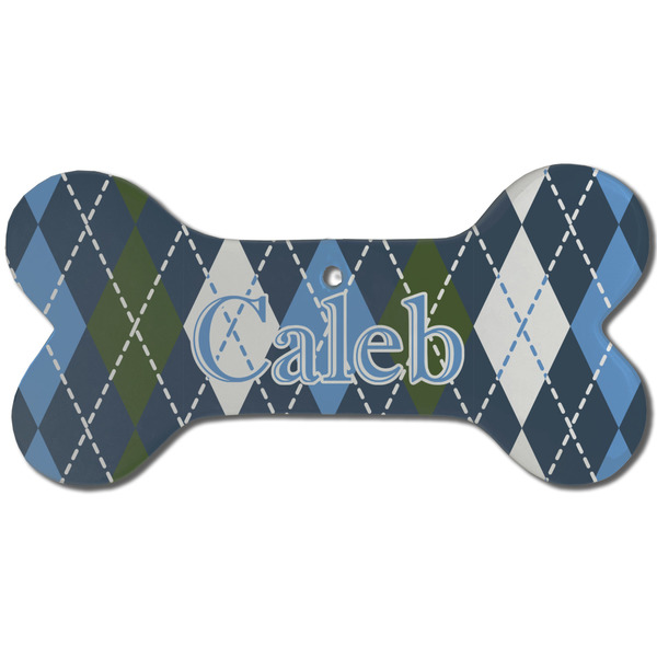 Blue Argyle Ceramic Flat Ornament - Bone Front