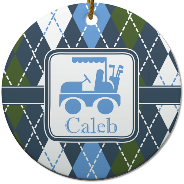 Custom Blue Argyle Round Ceramic Ornament w/ Name or Text