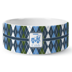 Blue Argyle Ceramic Dog Bowl - Medium (Personalized)