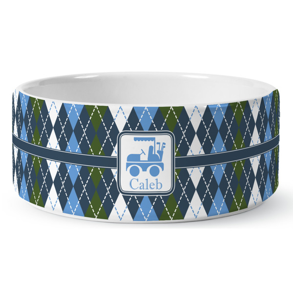 Custom Blue Argyle Ceramic Dog Bowl (Personalized)