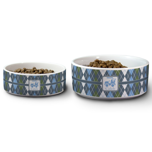 Blue Argyle Ceramic Dog Bowls - Size Comparison