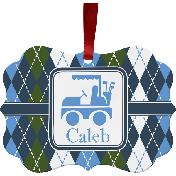 Custom Blue Argyle Metal Frame Ornament - Double Sided w/ Name or Text