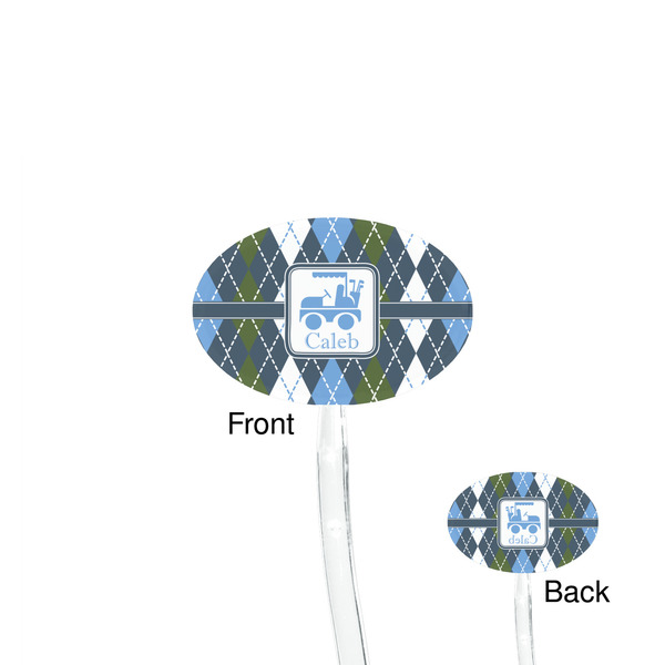 Blue Argyle Clear Plastic 7" Stir Stick - Oval - Front & Back