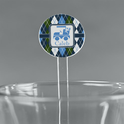 Blue Argyle 7" Round Plastic Stir Sticks - Clear (Personalized)