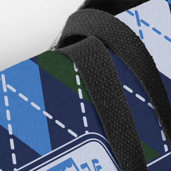 Blue Argyle Closeup of Tote w/Black Handles