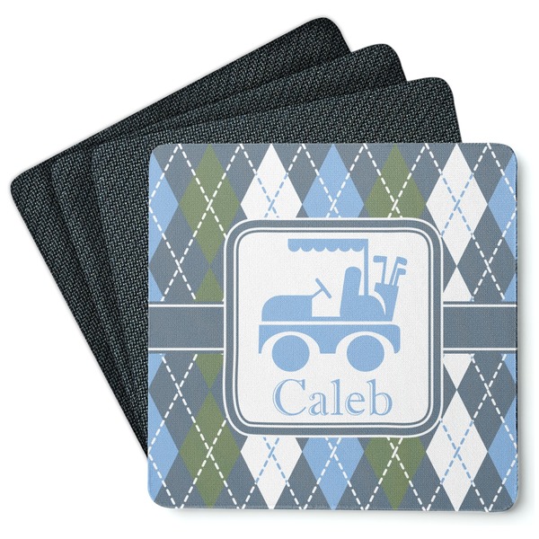 Custom Blue Argyle Square Rubber Backed Coasters - Set of 4 (Personalized)