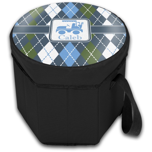 Blue Argyle Collapsible Personalized Cooler & Seat (Closed)