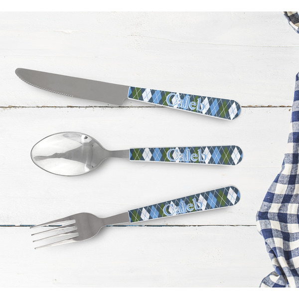 Blue Argyle Cutlery Set - w/ PLATE