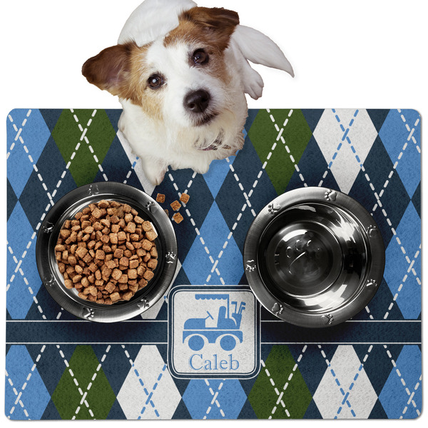 Custom Blue Argyle Dog Food Mat - Medium w/ Name or Text