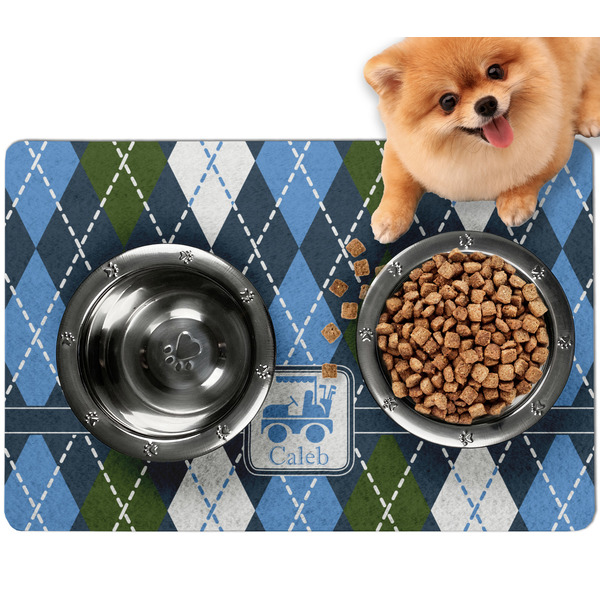 Custom Blue Argyle Dog Food Mat - Small w/ Name or Text