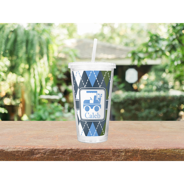 Blue Argyle Double Wall Tumbler with Straw Lifestyle