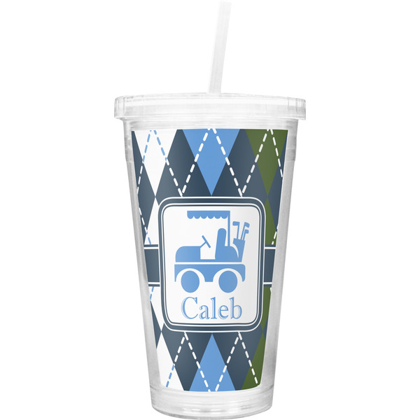 Custom Blue Argyle Double Wall Tumbler with Straw (Personalized)