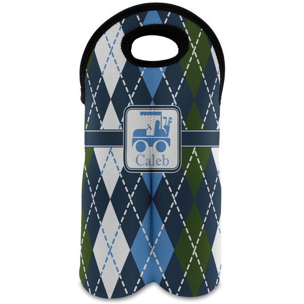 Custom Blue Argyle Wine Tote Bag (2 Bottles) w/ Name or Text