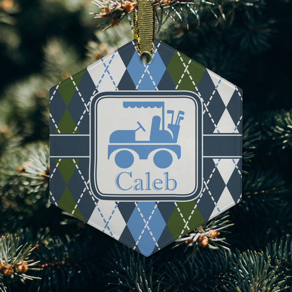 Blue Argyle Frosted Glass Ornament - Hexagon (Lifestyle)